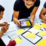 **A diverse group of people collaboratively designing a user interface on a digital tablet, surrounded by sticky notes and brainstorming materials. The scene emphasizes empathy and human-centered design, with light and colors representing creativity and innovation.** (Focuses on human-centered approach and collaboration)