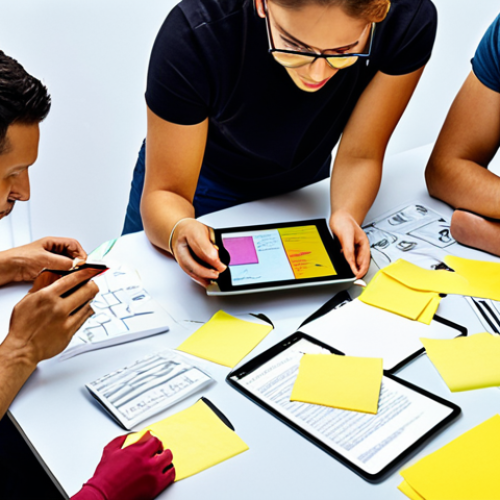 Home 11 **A diverse group of people collaboratively designing a user interface on a digital tablet, surrounded by sticky notes and brainstorming materials. The scene emphasizes empathy and human-centered design, with light and colors representing creativity and innovation.** (Focuses on human-centered approach and collaboration)