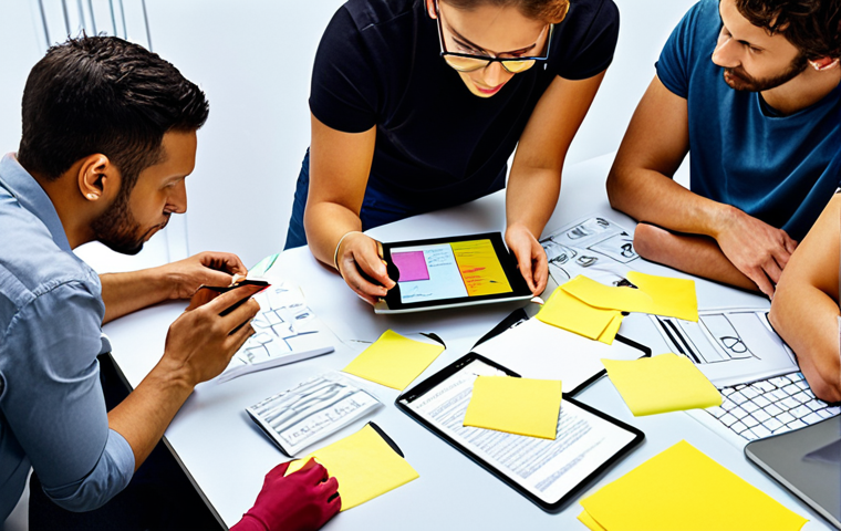**A diverse group of people collaboratively designing a user interface on a digital tablet, surrounded by sticky notes and brainstorming materials. The scene emphasizes empathy and human-centered design, with light and colors representing creativity and innovation.** (Focuses on human-centered approach and collaboration)