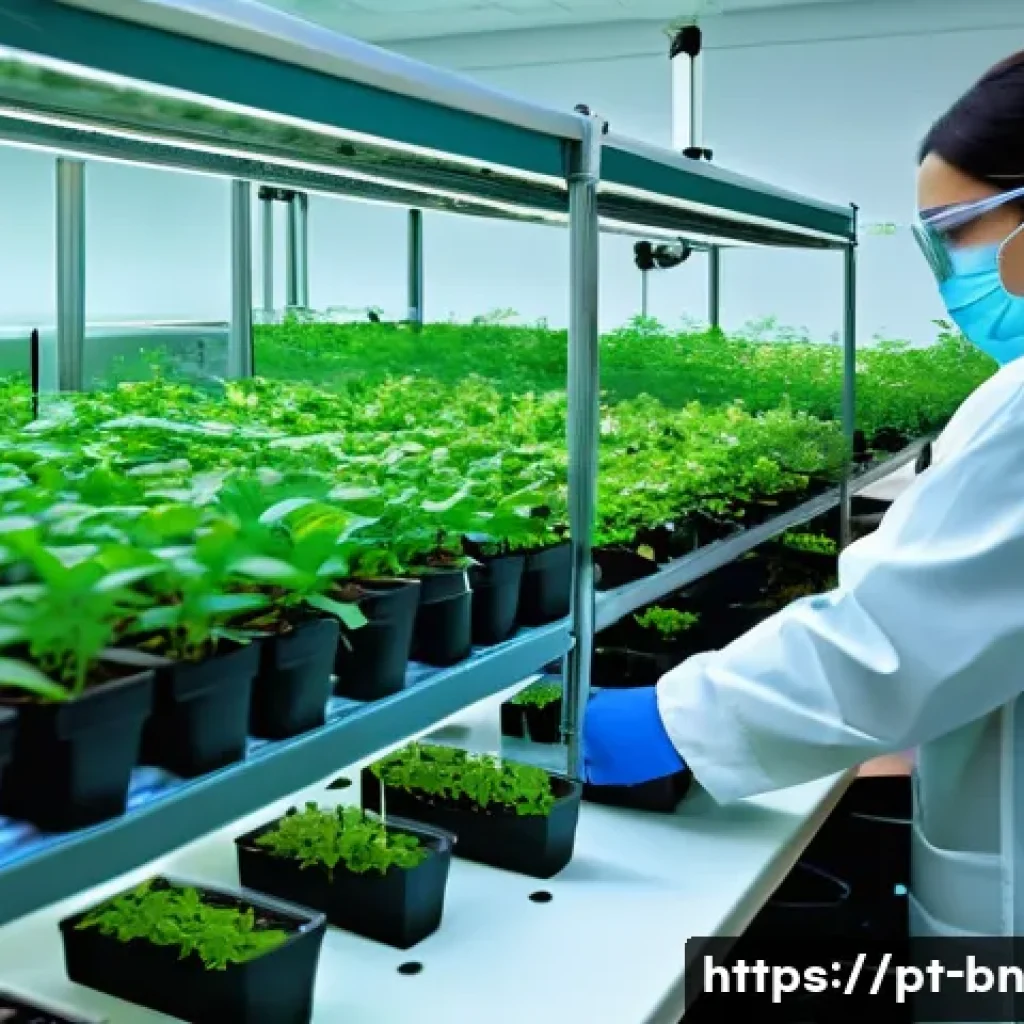 실험 설계에서 대조군의 역할 - **Prompt:** A clean, brightly lit, modern laboratory setting. Two rows of identical potted seedlings...