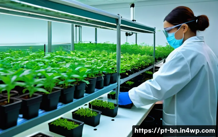 실험 설계에서 대조군의 역할 - **Prompt:** A clean, brightly lit, modern laboratory setting. Two rows of identical potted seedlings...