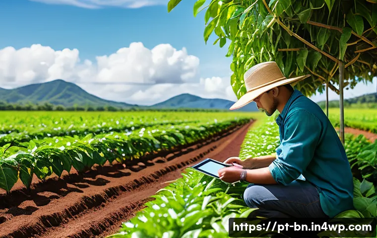 실험 설계의 사례 기반 학습 - A detailed scene of a Brazilian coffee plantation experiment under bright daylight, showing a resear...