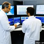 정량적 연구와 실험 설계의 연관성 - A modern scientific laboratory scene showing researchers in professional attire carefully collecting...