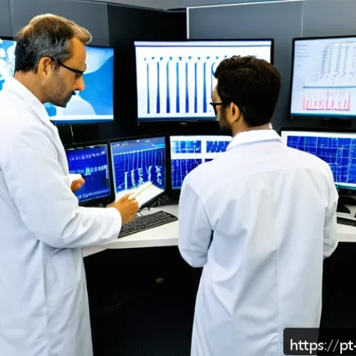 정량적 연구와 실험 설계의 연관성 - A modern scientific laboratory scene showing researchers in professional attire carefully collecting...